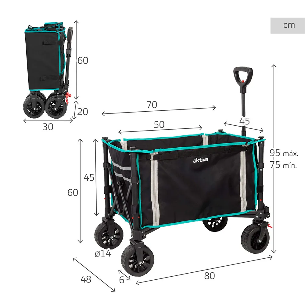 Aktive 62001 70x45x95 Cm Wheel 14 Cm Sammenleggbar Strandvogn unisex, Multicolour, 70 x 45 x 95cm