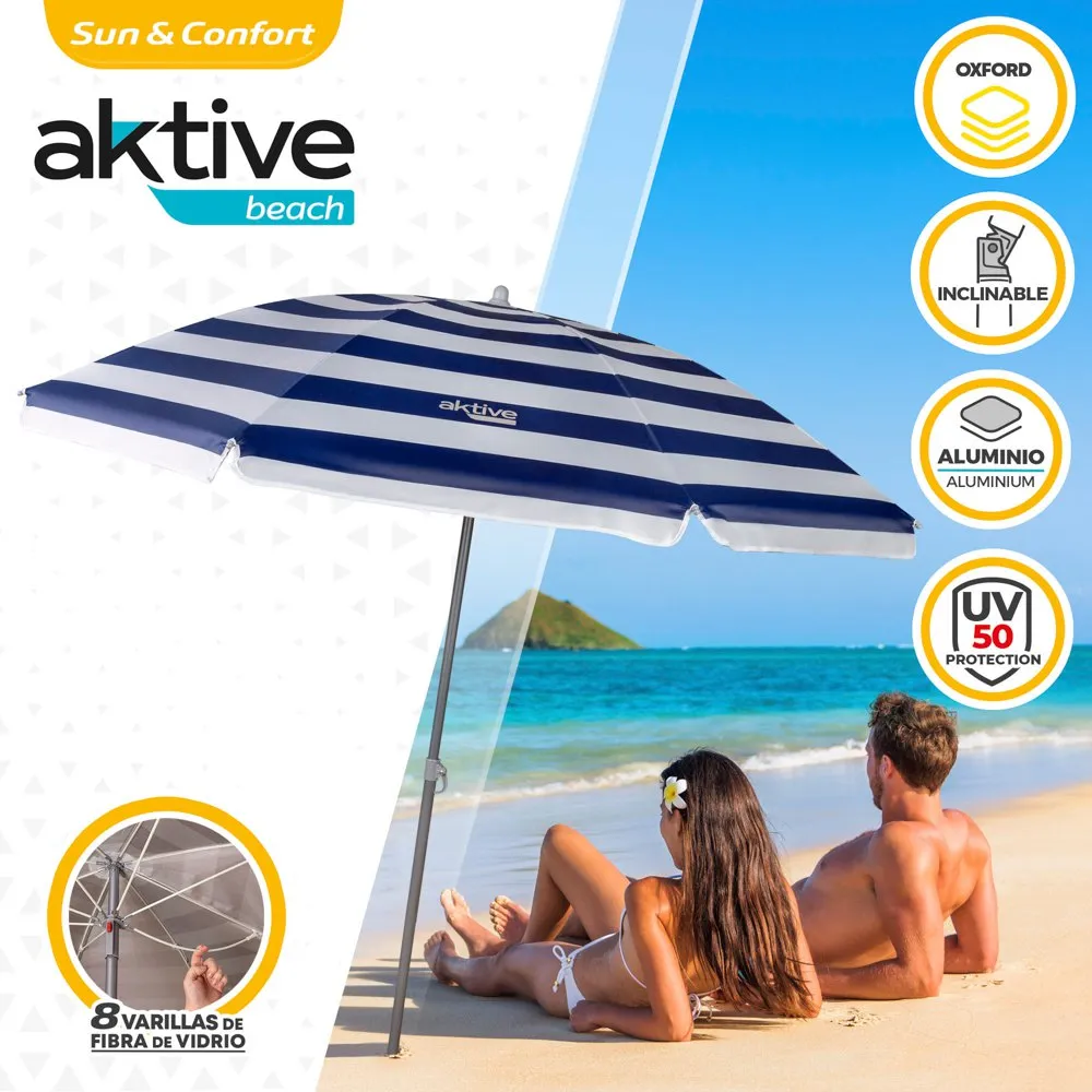 Aktive Strandparasoll Uv50-beskyttelse 180 Cm unisex, White / navy, One Size