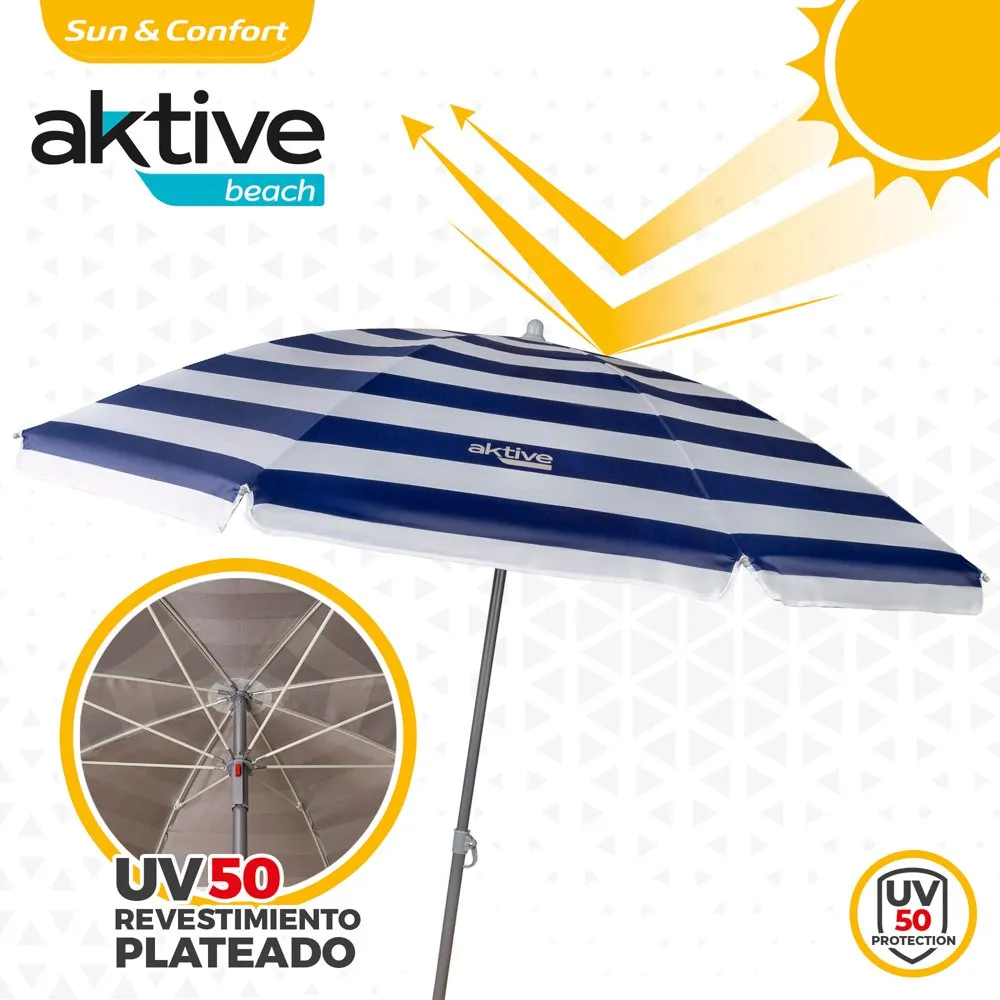 Aktive Strandparasoll Uv50-beskyttelse 180 Cm unisex, White / navy, One Size