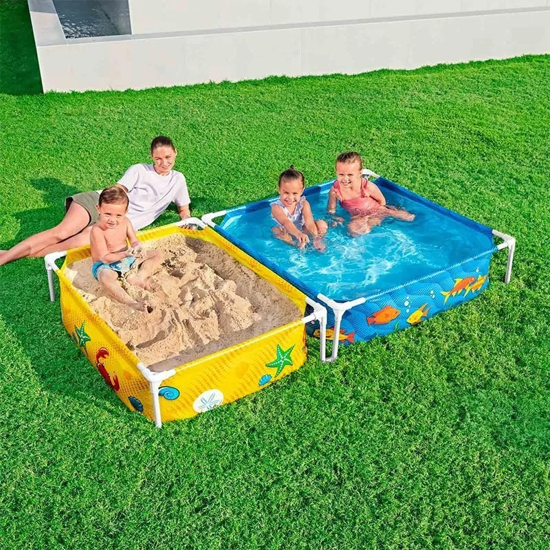 Bestway 561 Kvadratisk Rørformet Flyttbart Basseng Med Sandkasse, Blue / yellow, 213 x 122 x 30.5cm