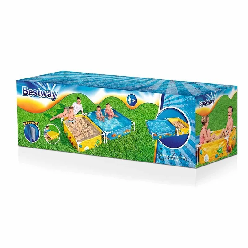 Bestway 561 Kvadratisk Rørformet Flyttbart Basseng Med Sandkasse, Blue / yellow, 213 x 122 x 30.5cm