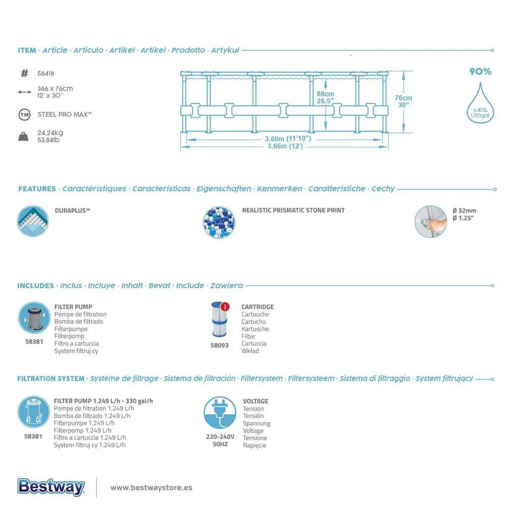 Bestway 56416 Steel Pro Max Ø366x76cm Rundt Rørbasseng, White / grey / blue, 6473L