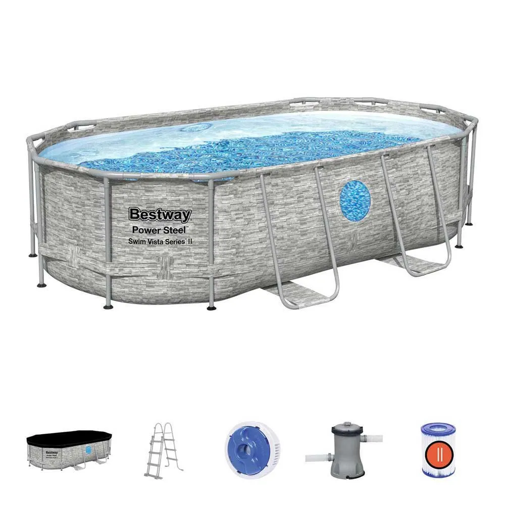 Bestway 56714 Power Steel Swim Vista 427x250x100cm Ovalt Rørbasseng, Grey / blue, 7250L