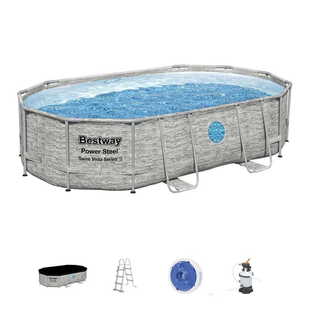 Bestway 56946 Power Steel Swim Vista 488x305x107cm Ovalt Rørbasseng, Grey / blue, 10949L