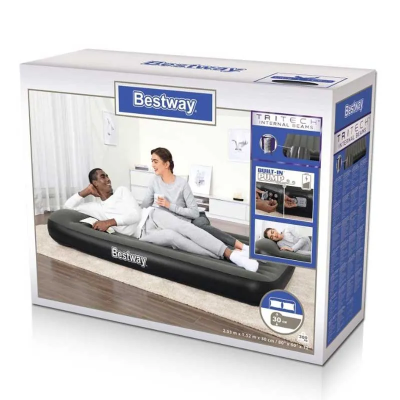 Bestway 67930 Double 203x152x30 Cm Dobbel Luftmadrass Med Innebygd Pumpe, Multicolour, 203 x 152 x 30cm
