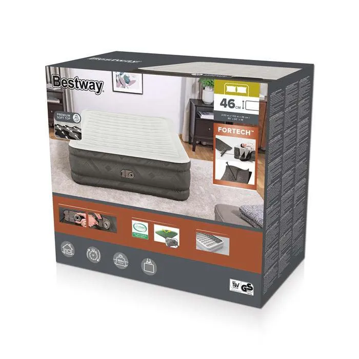 Bestway Fortech Tough Guard Twin Wave-beam Reinforced Dobbel Luftmadrass Med Innebygd Pumpe, Beige, 203 x 152 x 46cm