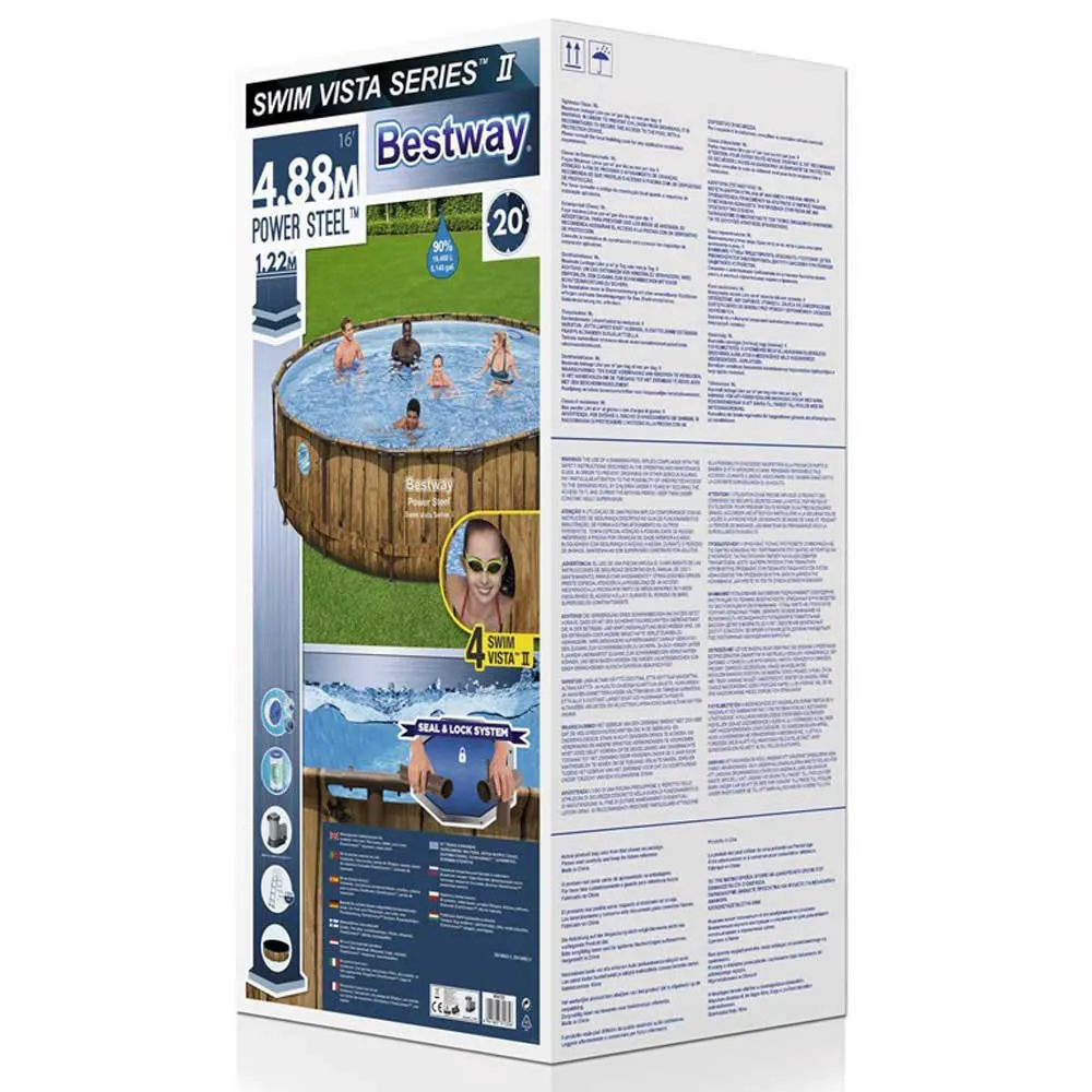 Bestway Power Steel Swim Vista Series Wood Ø 488 X 122 Cm Stål Rundt Overjordisk Basseng, Brown / blue, 19480L