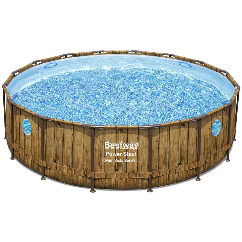Bestway Power Steel Swim Vista Series Wood Ø 488 X 122 Cm Stål Rundt Overjordisk Basseng, Brown / blue, 19480L