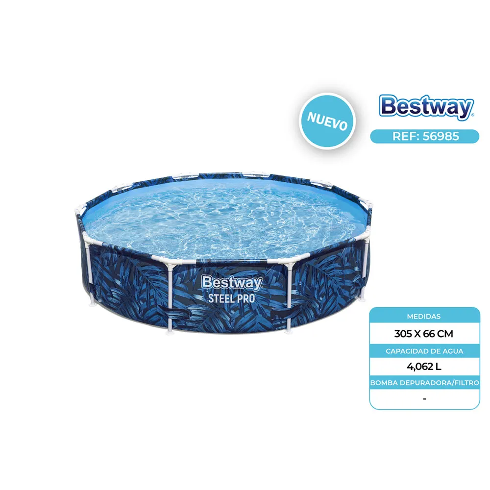 Bestway Steel Pro Tropical Leaf Ø 305x66 Cm Stål Rundt Overjordisk Basseng, Blue, 4062L
