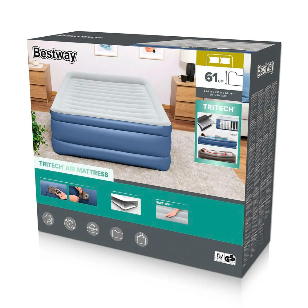 Bestway Tritech Queen Built-in Ac Pump Dobbel Luftmadrass, Blue / grey, 203 x 152 x 61cm