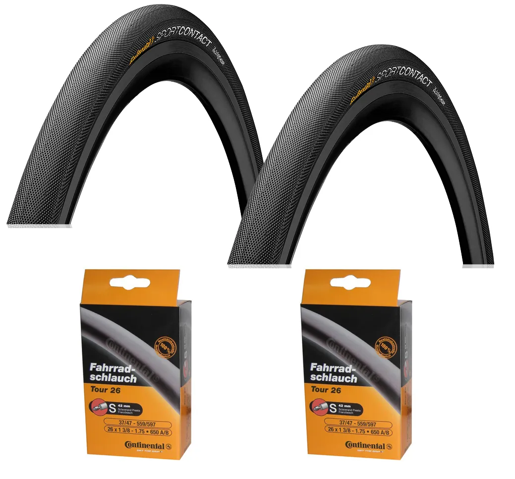 Continental 2 Dæk + 2 Slanger Continental SportContact II 26x1.60"(42-559) racer ventil, Sykkeldekk Continental 2 Dæk + 2 Slanger Continental SportContact II 26x1.60"(42-559) racer ventil, Sykkeldekk