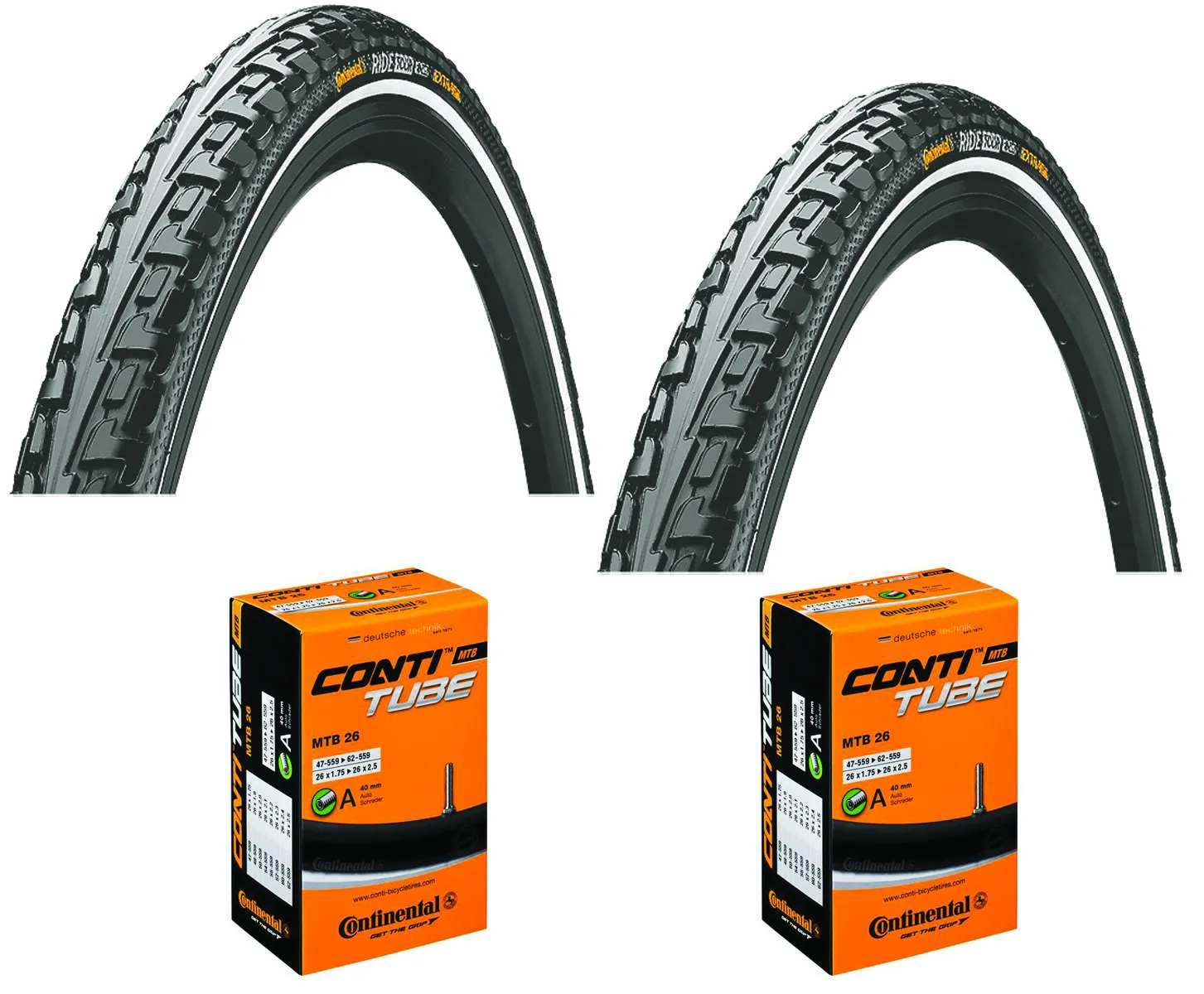 Continental 2 Dekk + 2 Slanger Continental Ride Tour 26 x 1.75 (47-559) med Refleks bil ventil, Sykkeldekk Continental 2 Dekk + 2 Slanger Continental Ride Tour 26 x 1.75 (47-559) med Refleks bil ventil, Sykkeldekk