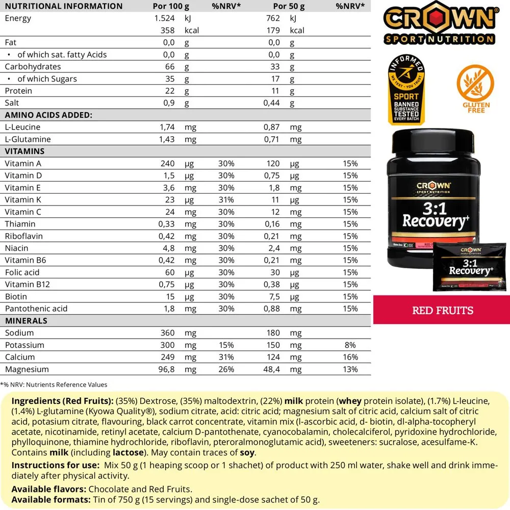 Crown Sport Nutrition 3:1 Recovery+ Gjenopprettingsboks Med Enkeltdoser Bær 50g 10 Enheter, Black, One Size