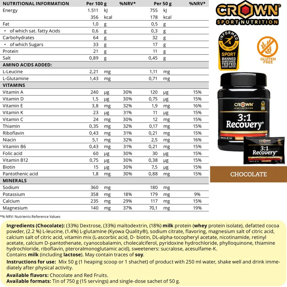 Crown Sport Nutrition 3:1 Recovery+ Gjenopprettingsboks Med Enkeltdoser Sjokolade 50g 10 Enheter, Black, One Size Crown Sport Nutrition 3:1 Recovery+ Gjenopprettingsboks Med Enkeltdoser Sjokolade 50g 10 Enheter, Black, One Size