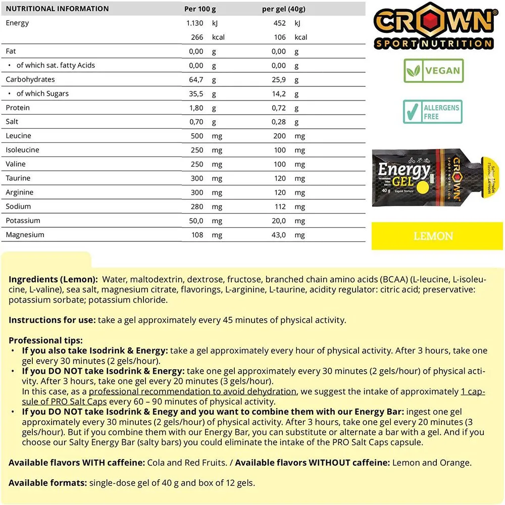 Crown Sport Nutrition Boks Med Energigeler Sitron 40g 12 Enheter, Black / yellow, One Size