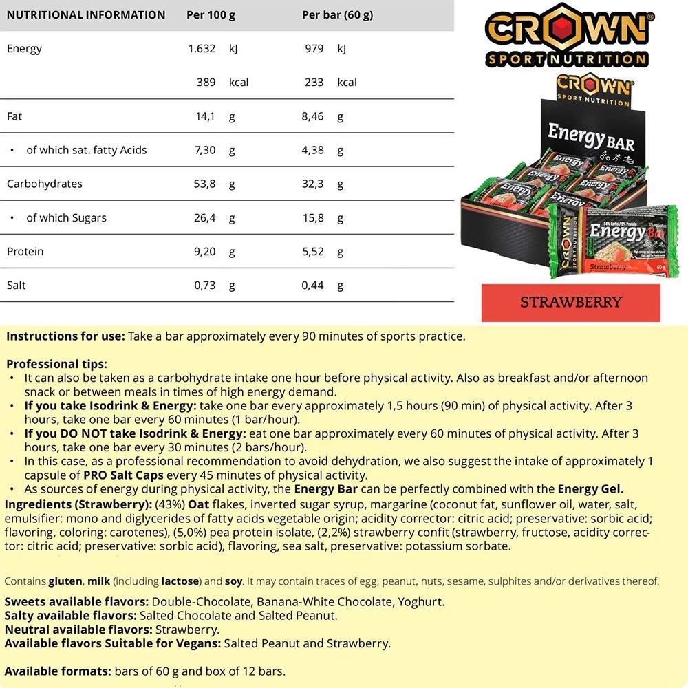 Crown Sport Nutrition Energibar Boks Jordbær 60g 12 Enheter, Black / red / green, One Size