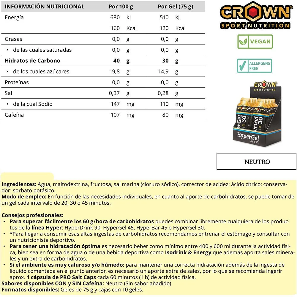 Crown Sport Nutrition Hyper 30 Hydro Neutral Boks Med Energigeler 75g 10 Enheter