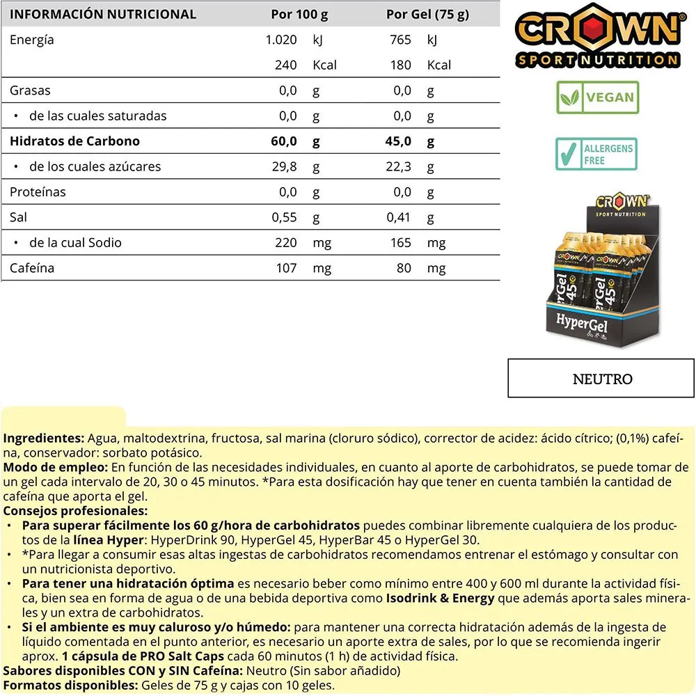 Crown Sport Nutrition Hyper 45 Neutral Boks Med Energigeler 75g 10 Enheter