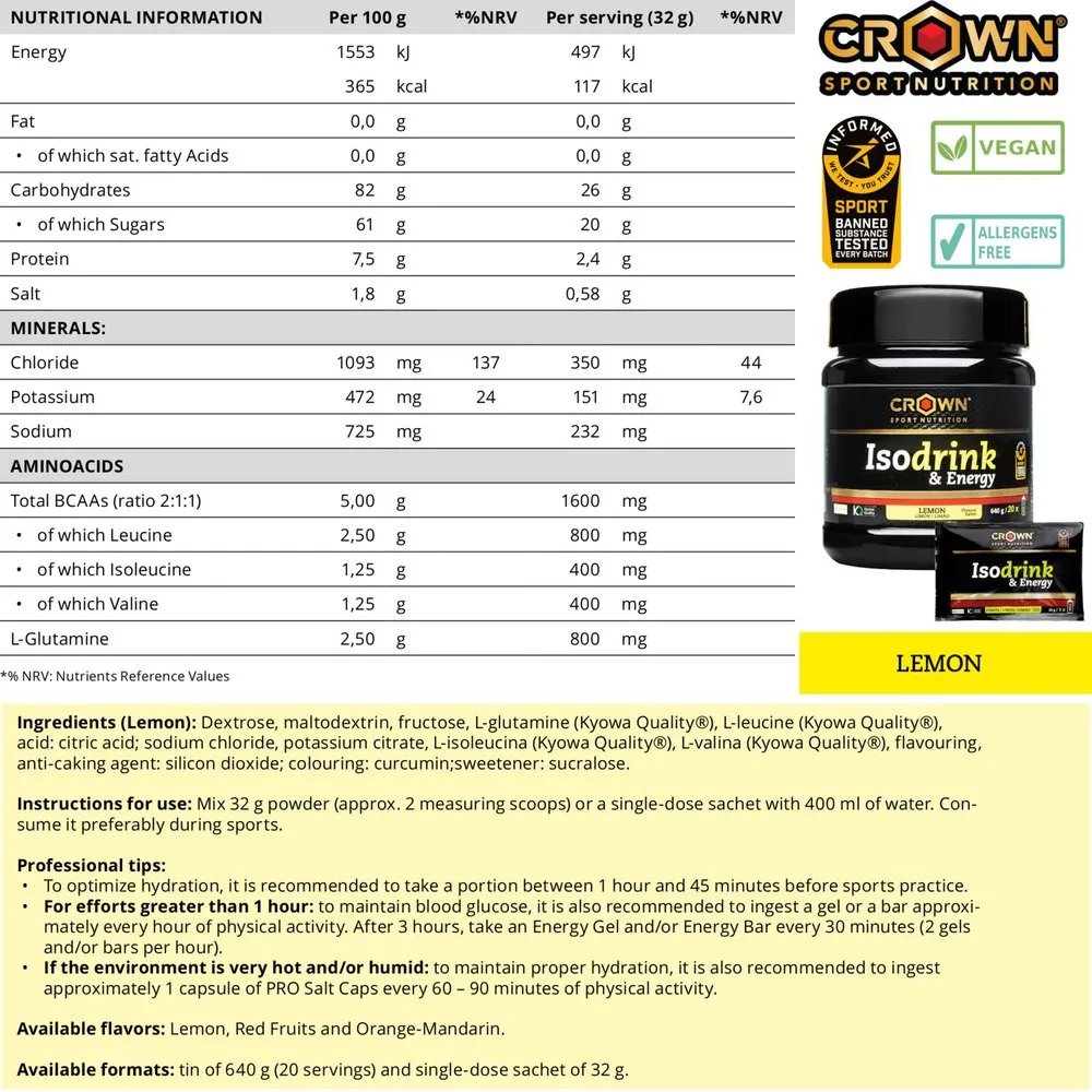 Crown Sport Nutrition Isodrink Isotonisk Enkeltdoseringsboks Sitron 32g 12 Enheter, Black, One Size