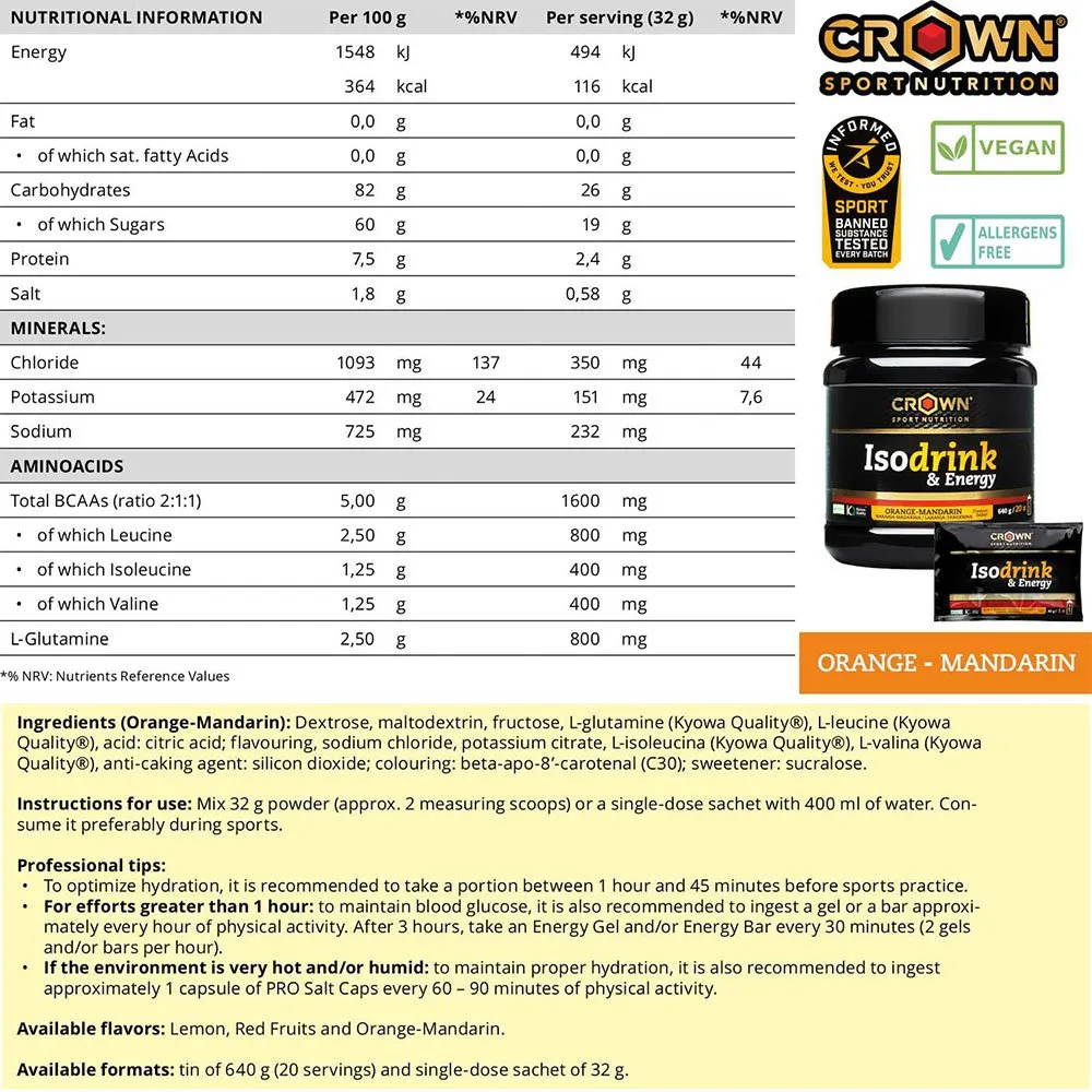 Crown Sport Nutrition Isotonic Drink Powder Energi Appelsin 640g, Black, One Size
