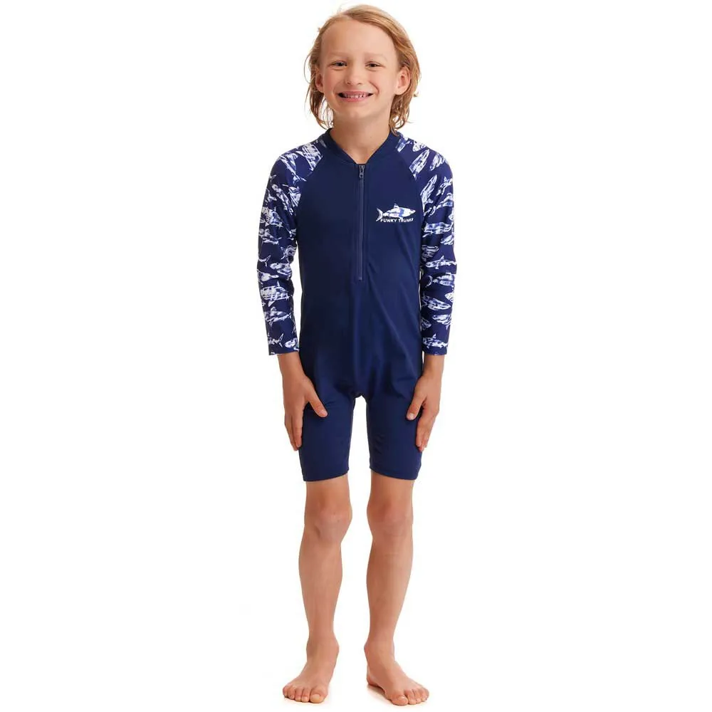 Funky Trunks Go Rompa Chompa Uv-beskyttende Langermet Jumpsuit Til Barn unisex, Navy / white, 4Y Funky Trunks Go Rompa Chompa Uv-beskyttende Langermet Jumpsuit Til Barn unisex, Navy / white, 4Y