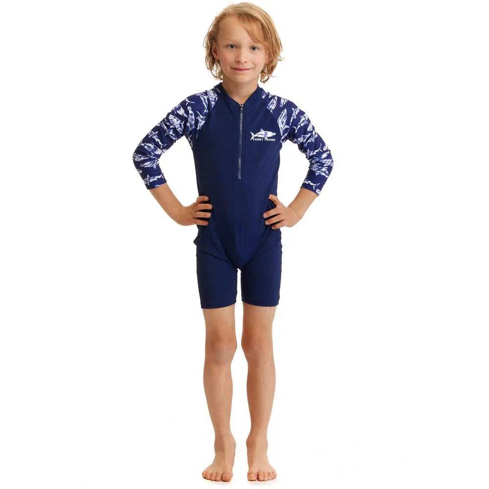 Funky Trunks Go Rompa Chompa Uv-beskyttende Langermet Jumpsuit Til Barn unisex, Navy / white, 4Y Funky Trunks Go Rompa Chompa Uv-beskyttende Langermet Jumpsuit Til Barn unisex, Navy / white, 4Y