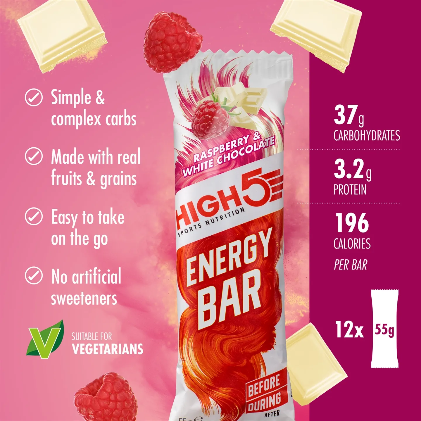 High5 Bringebær/Hvit Sjokolade Energibar