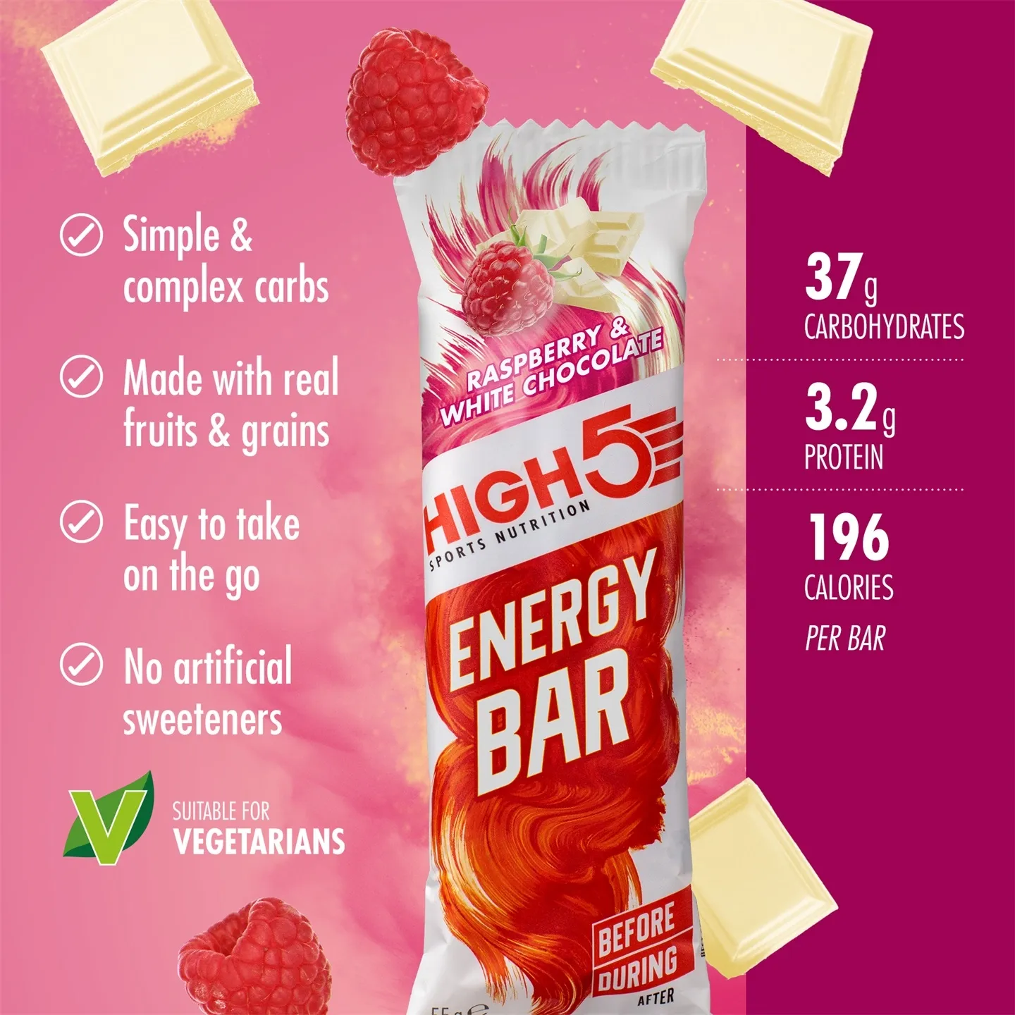 High5 Bringebær/Hvit Sjokolade Energibar