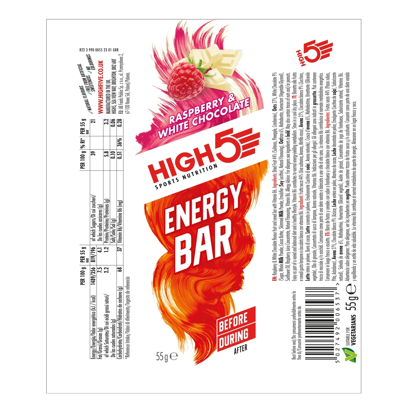 High5 Bringebær/Hvit Sjokolade Energibar