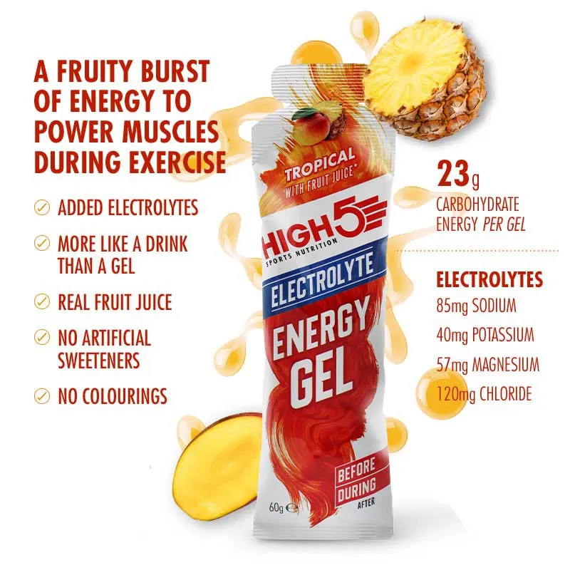 High5 Electrolyte Boks Med Energigeler Tropisk 60g 20 Enheter, White / red, One Size High5 Electrolyte Boks Med Energigeler Tropisk 60g 20 Enheter, White / red, One Size