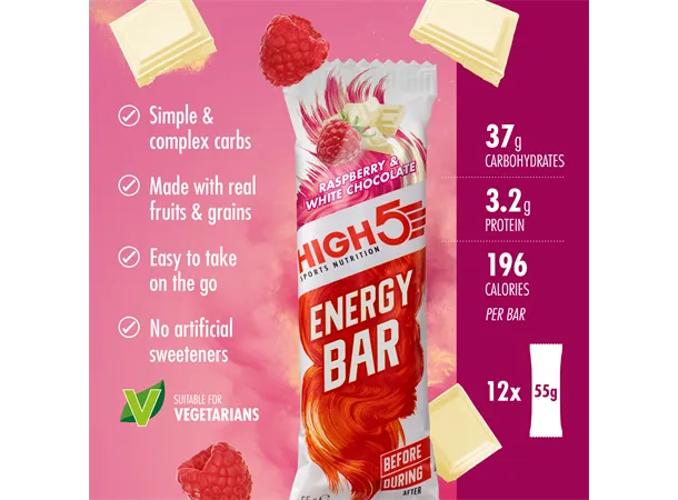 High5 EnergyBar Bringebær og Hvit Sjokolade 12 stk