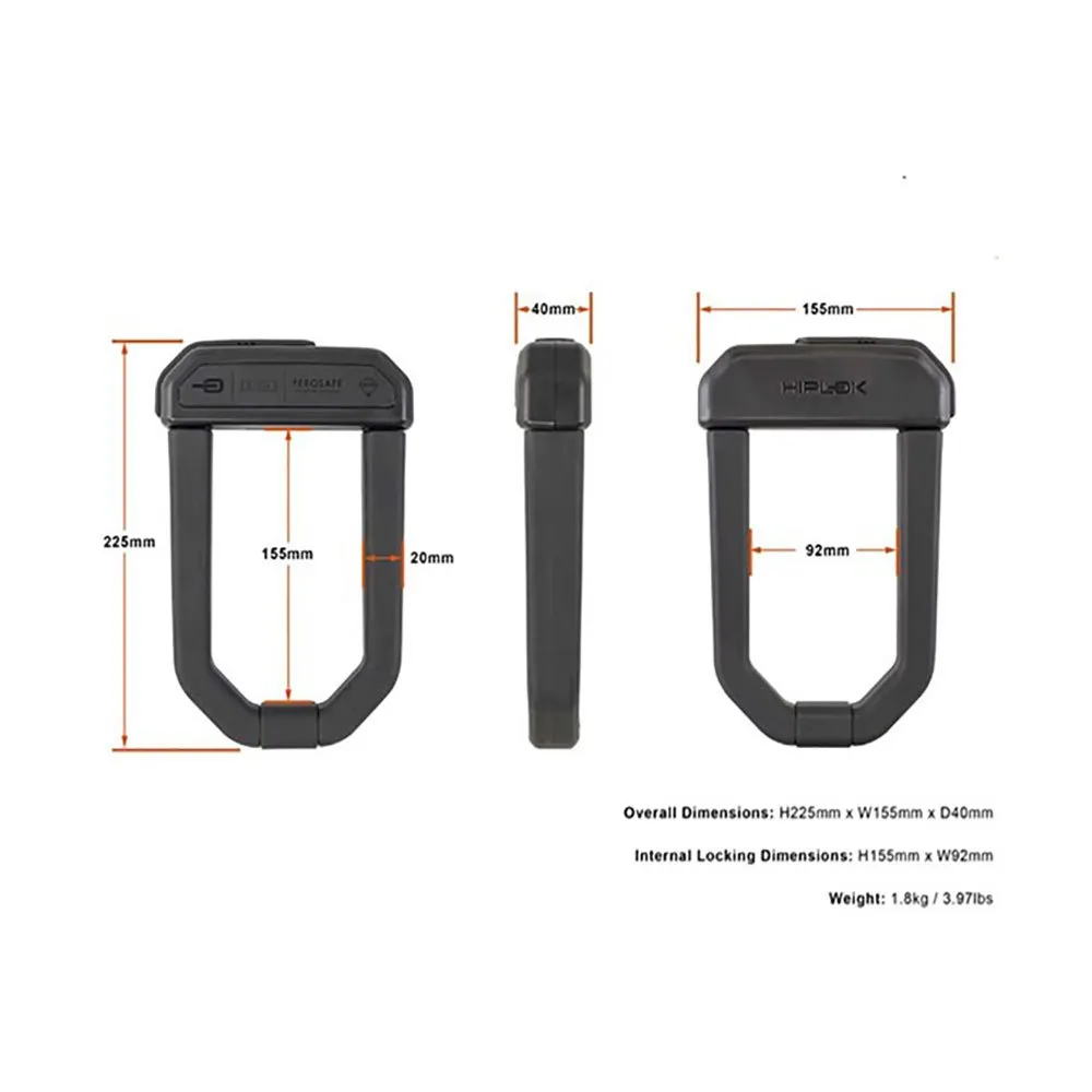 Hiplok D1000 U-Lock, Black, 155 x 92 x 20mm