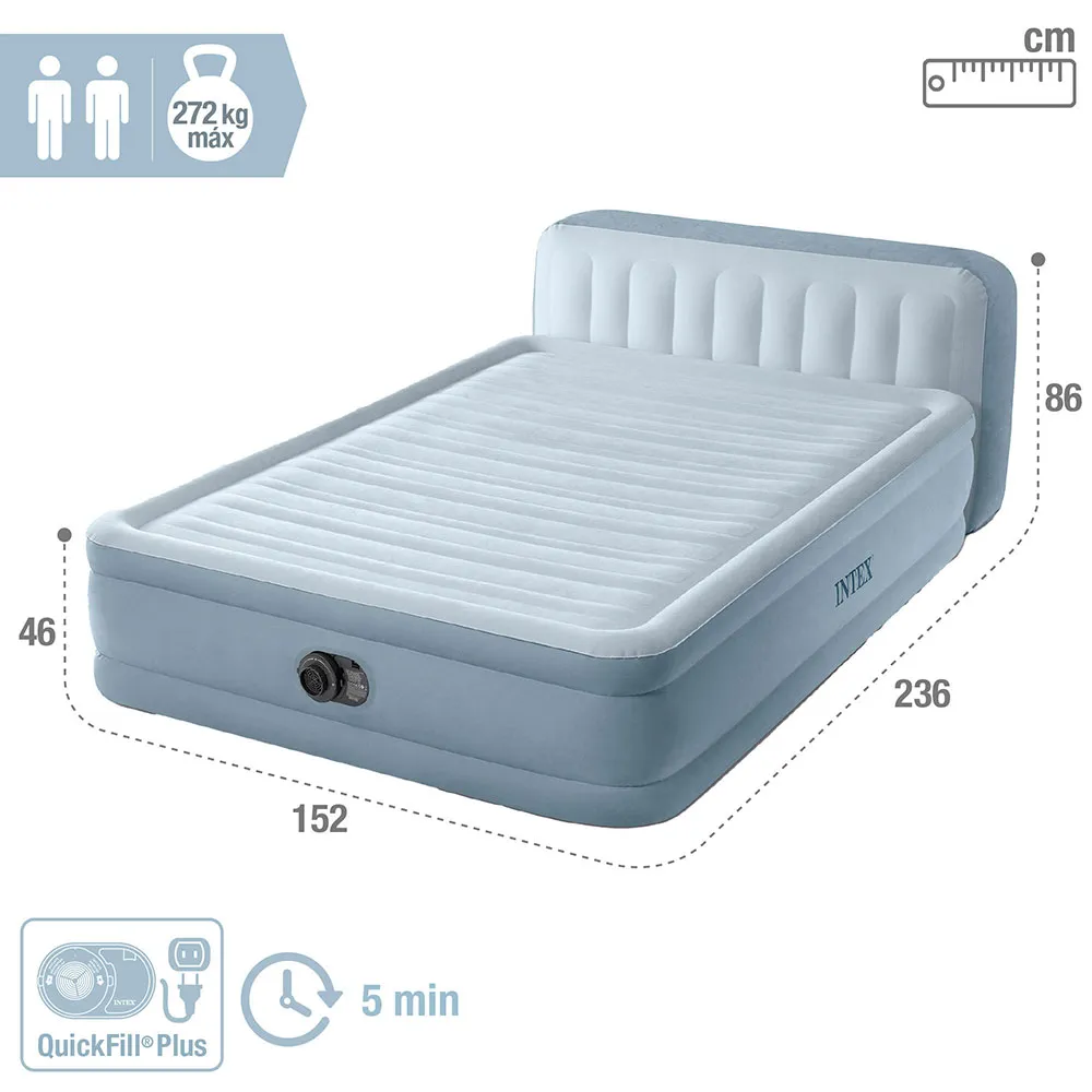 Intex Dura-beam Deluxe Plush Queen Size With Headboard Dobbel Luftmadrass, Grey, 152 x 236 x 86cm
