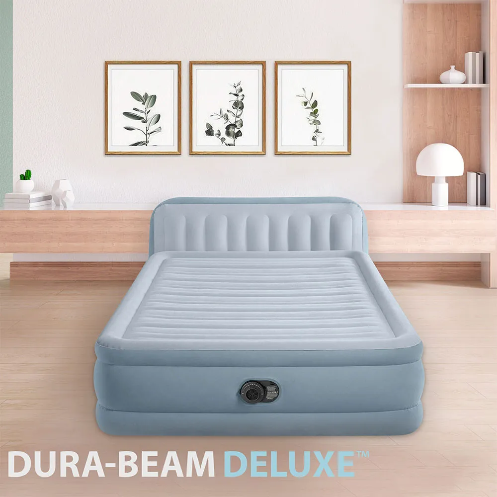 Intex Dura-beam Deluxe Plush Queen Size With Headboard Dobbel Luftmadrass, Grey, 152 x 236 x 86cm