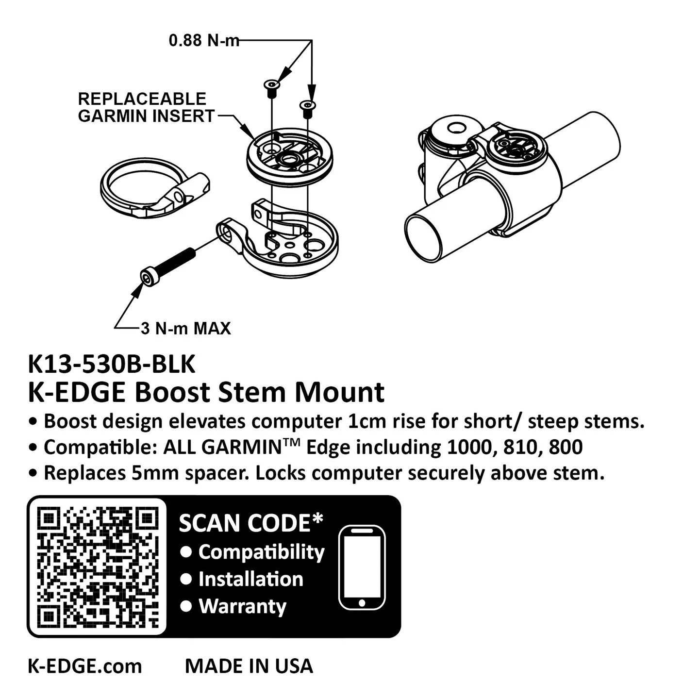 K-Edge Garmin Boost Stem Computerfeste, Black, One Size