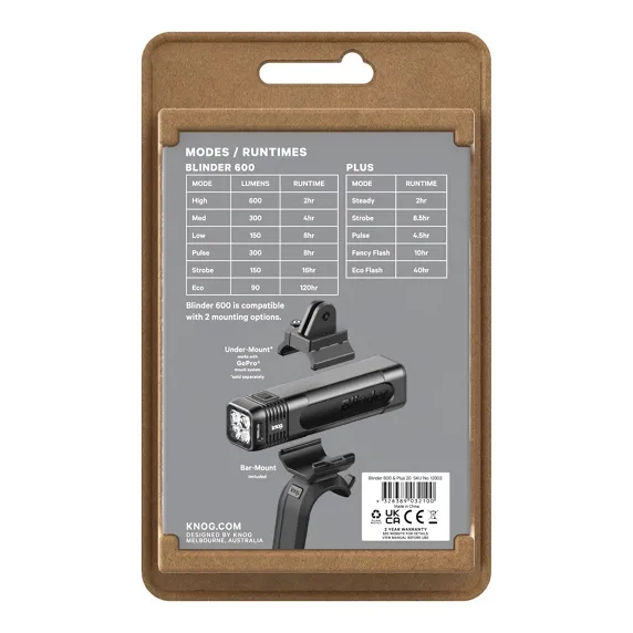 Knog Blinder 600 & Plus 20 Lyssett, Black / red, 600 / 20 Lysstyrker