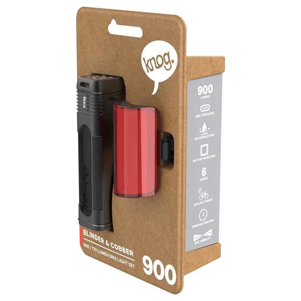Knog Blinder 900 + Mid Cobber Sykkellyktesett, Black / red, 900 / 170 Lysstyrker Knog Blinder 900 + Mid Cobber Sykkellyktesett, Black / red, 900 / 170 Lysstyrker