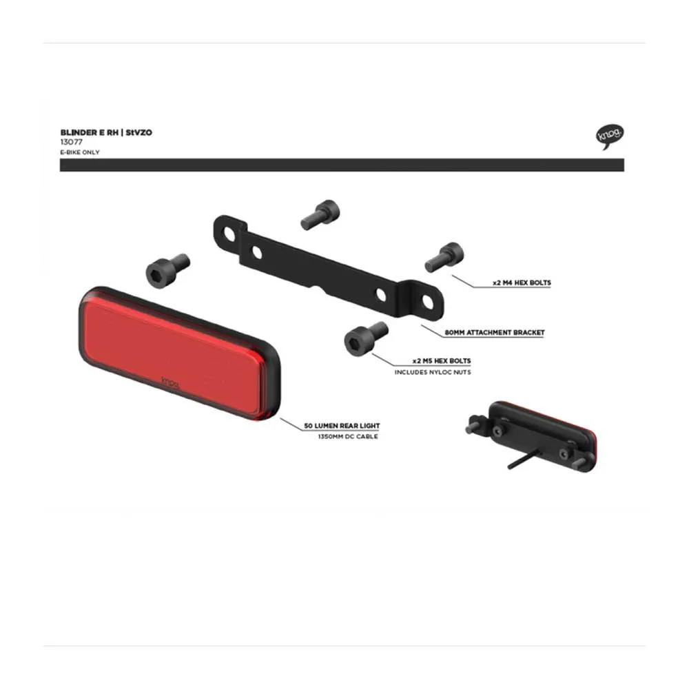 Knog Blinder E RH Elsykkel Baklys, Black / red, 25 Lysstyrker