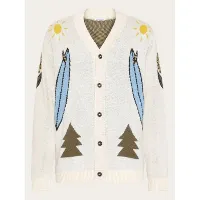 Knowledge Cotton Apparel Jacquard Trees Yes Please V-Neck CottonKnit Cardigan