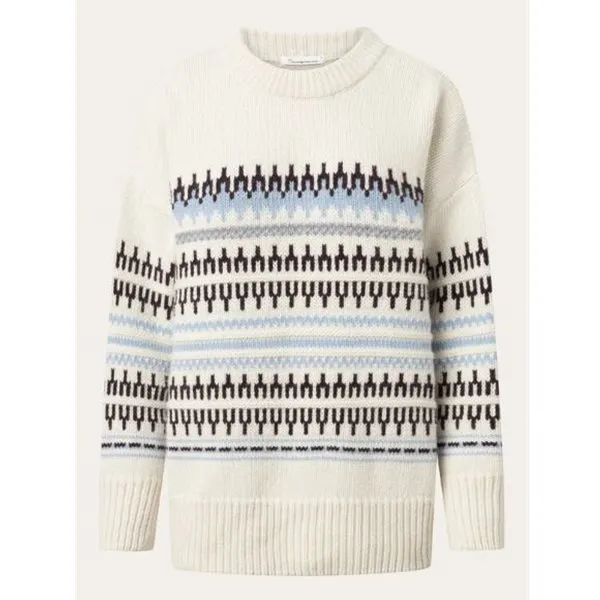 Knowledge Cotton Apparel Wool Pattern Boxy Crew Neck, White stripe Knowledge Cotton Apparel Wool Pattern Boxy Crew Neck, White stripe