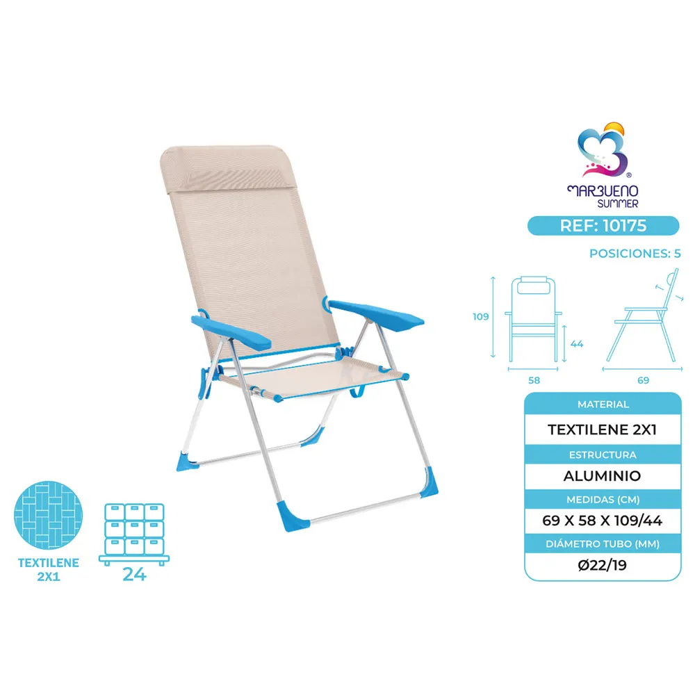 Marbueno Summer 10175 69x58x109 Cm Aluminium Multiposisjons Sammenleggbar Stol unisex, Beige / blue, 69 x 58 x 109cm Marbueno Summer 10175 69x58x109 Cm Aluminium Multiposisjons Sammenleggbar Stol unisex, Beige / blue, 69 x 58 x 109cm