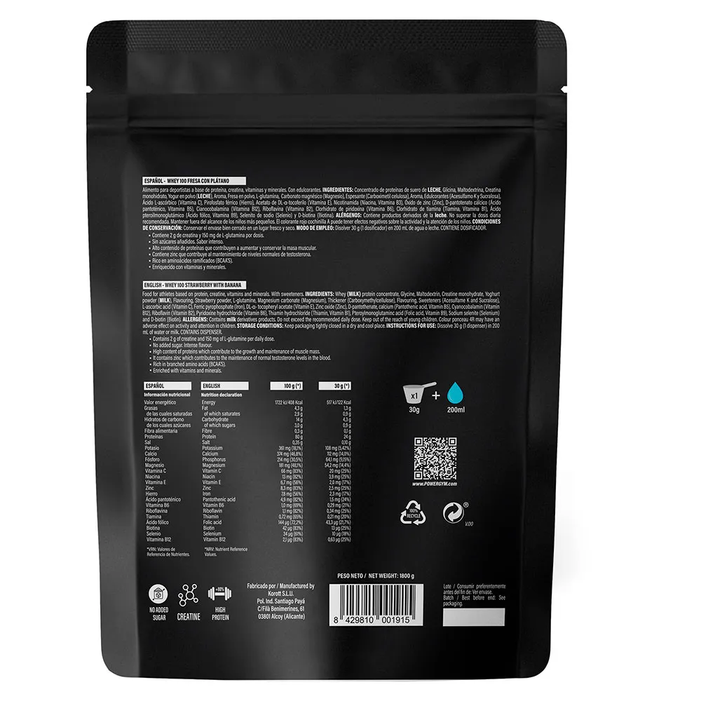 Powergym 100 Myseprotein Banan Og Jordbær 1800g, One size