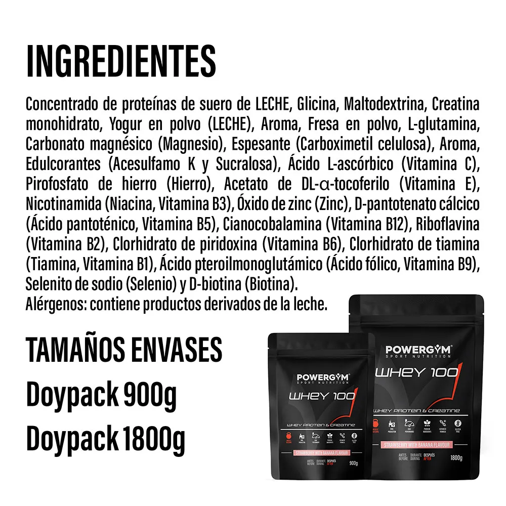 Powergym 100 Myseprotein Banan Og Jordbær 1800g, One size