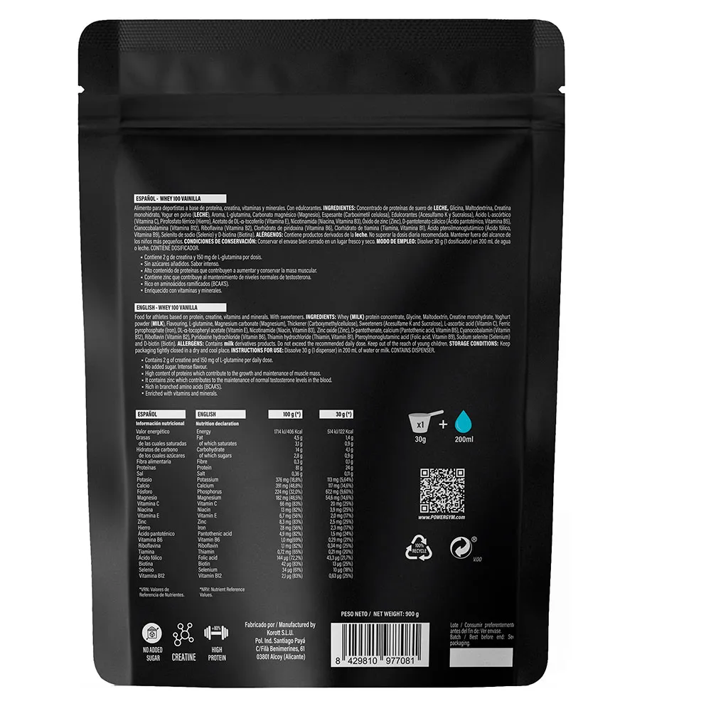 Powergym 100 Myseprotein Vanilje 900g, Multicolor, One Size