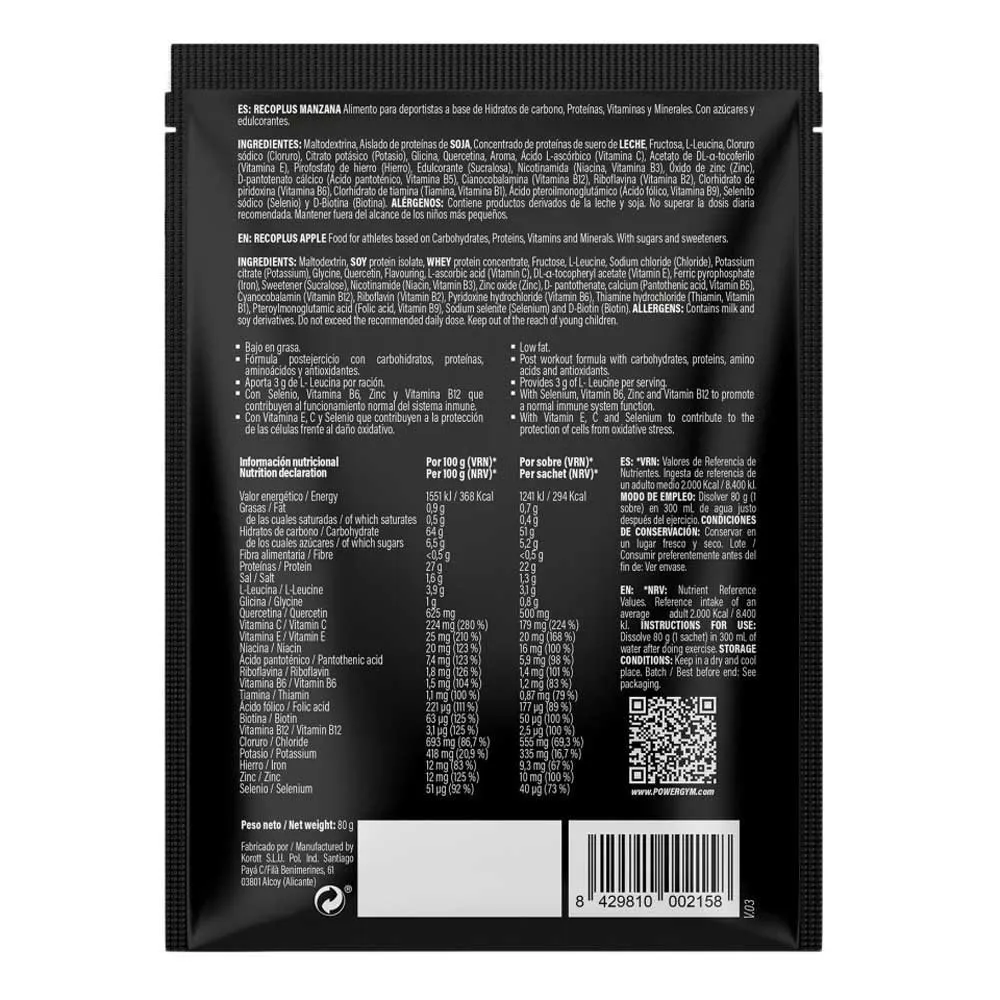 Powergym Recoplus Gjenopprettingsboks Med Enkeltdoser Eple 80g 15 Enheter, White, One Size