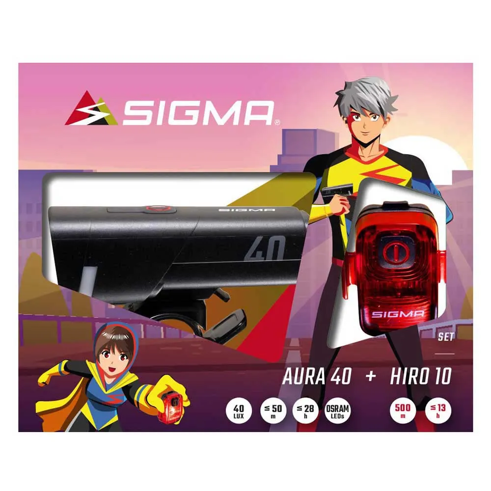 SIGMA SPORT Aura 40/hiro 10 Ride Safe To School Sykkellyktesett, Black / red, One Size