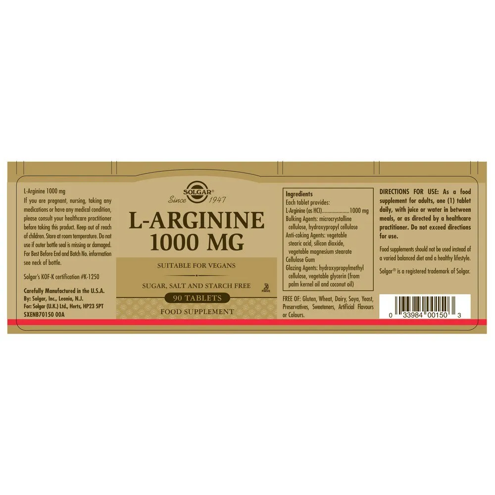 Solgar 1000mg Arginin 90 Enheter, Brown, One Size Solgar 1000mg Arginin 90 Enheter, Brown, One Size