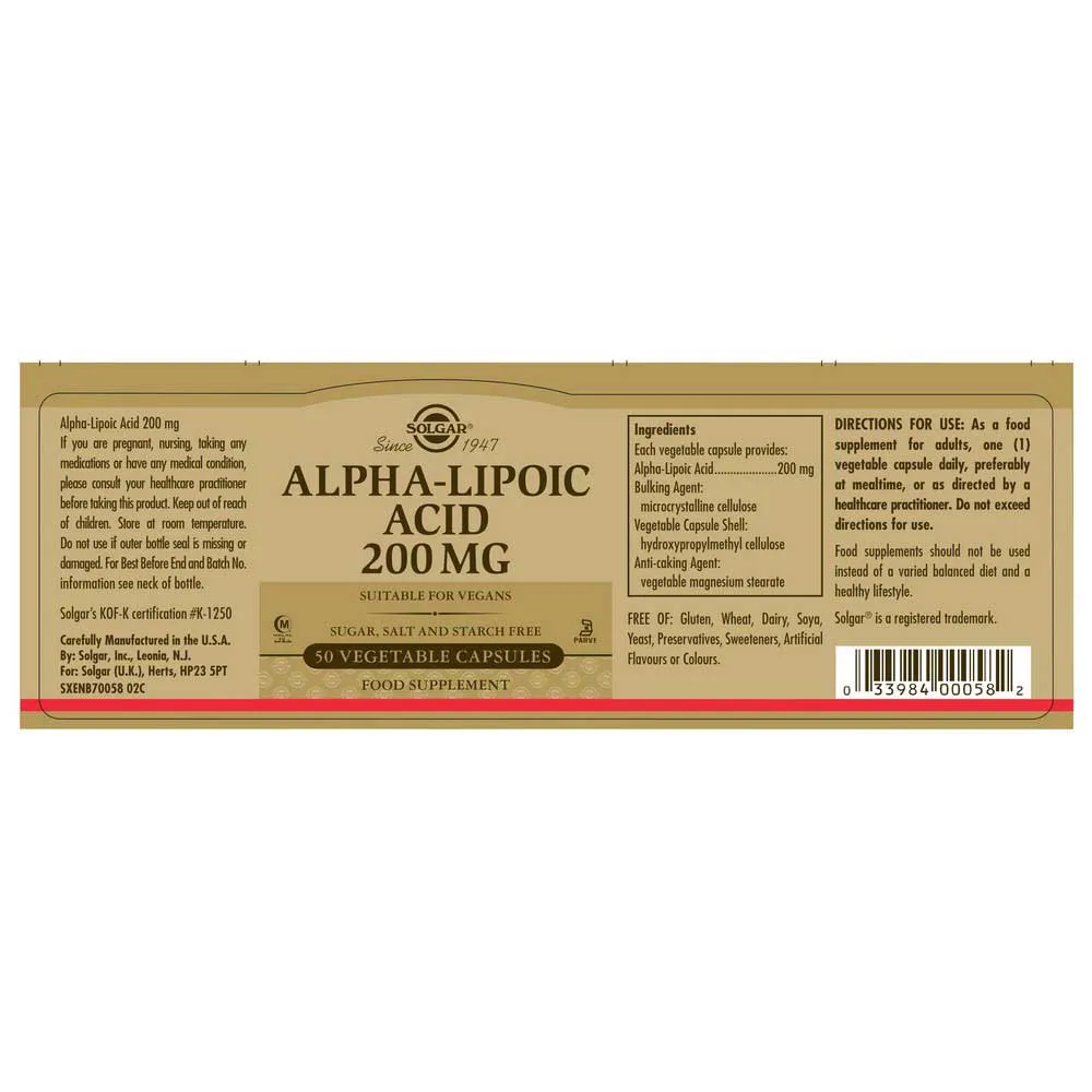 Solgar Alfalipoinsyre 200 Mg 50 Enheter, Golden, One Size Solgar Alfalipoinsyre 200 Mg 50 Enheter, Golden, One Size