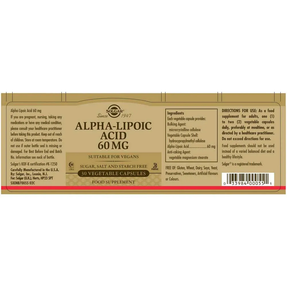 Solgar Alfalipoinsyre 60 Mg 30 Enheter, Brown, One Size