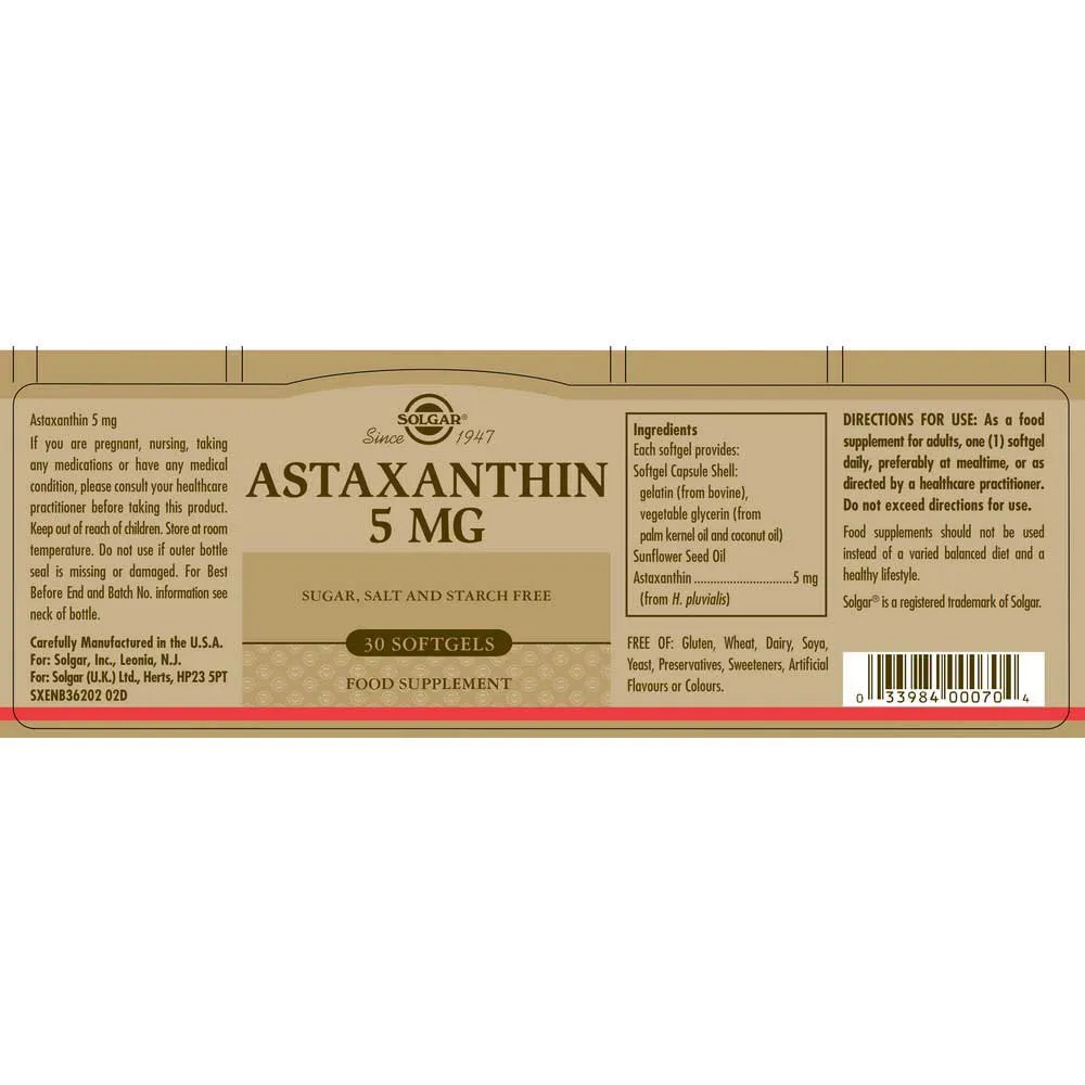 Solgar Astaxanthin-kompleks 5 Mg 30 Enheter, Black, One Size Solgar Astaxanthin-kompleks 5 Mg 30 Enheter, Black, One Size